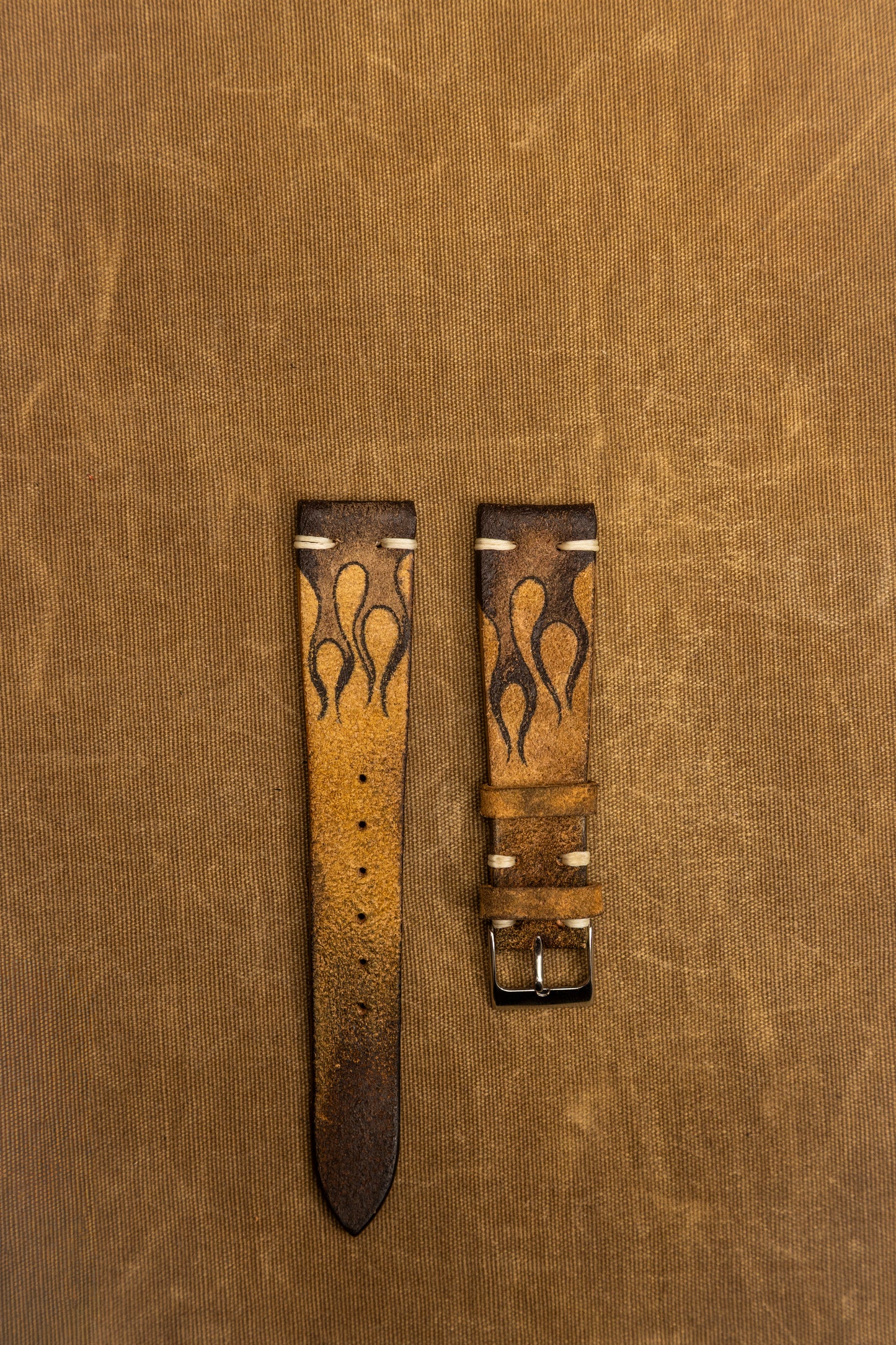 Cinturino "Fiamme" in Crosta tinto a mano - Marrone\Beige