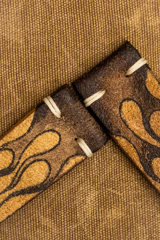 Cinturino "Fiamme" in Crosta tinto a mano - Marrone\Beige